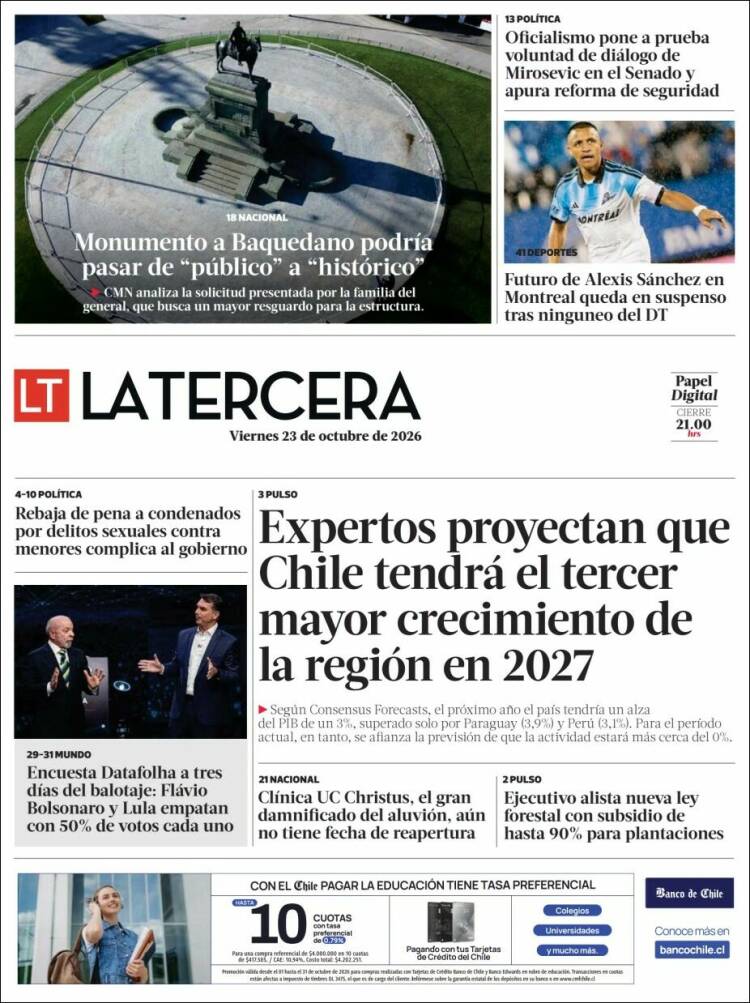 Portada de La Tercera (Chile)