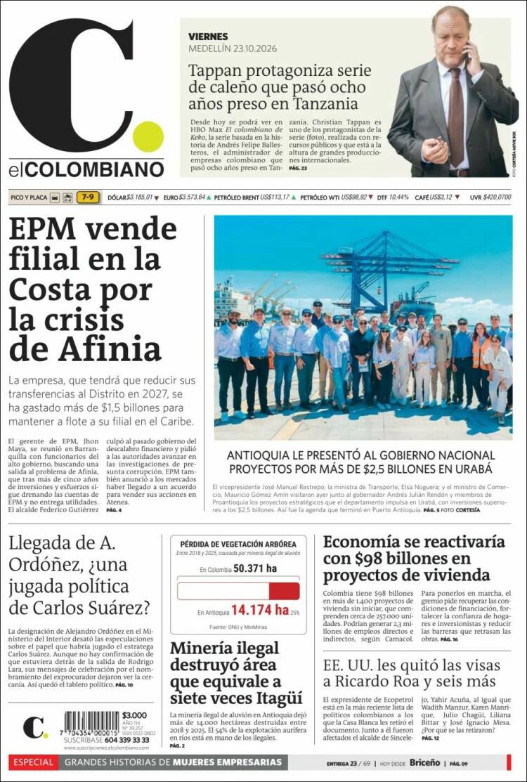 Portada de El Colombiano (Colombia)