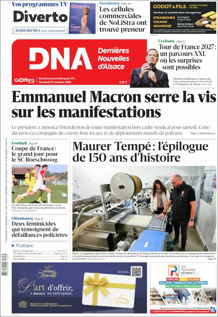 Portada de Les Dernières Nouvelles d'Alsace (Francia)