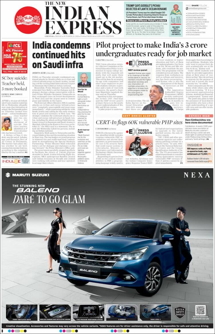 Portada de New Indian Express (India)