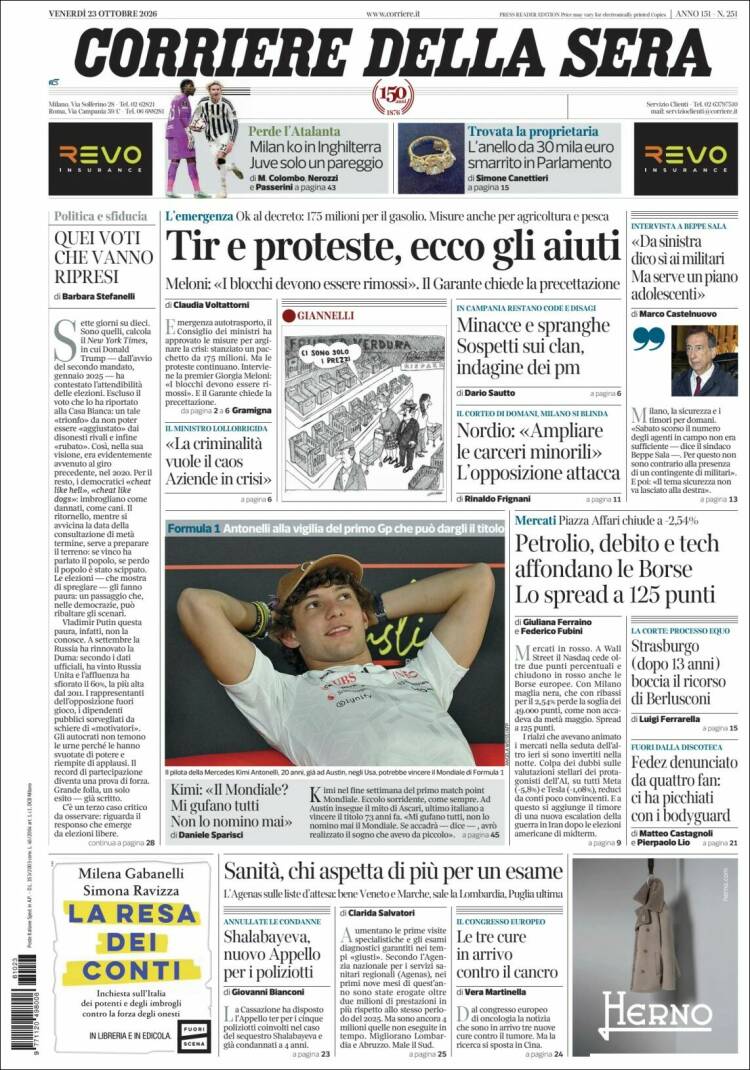Portada de Corriere della Sera (Italia)