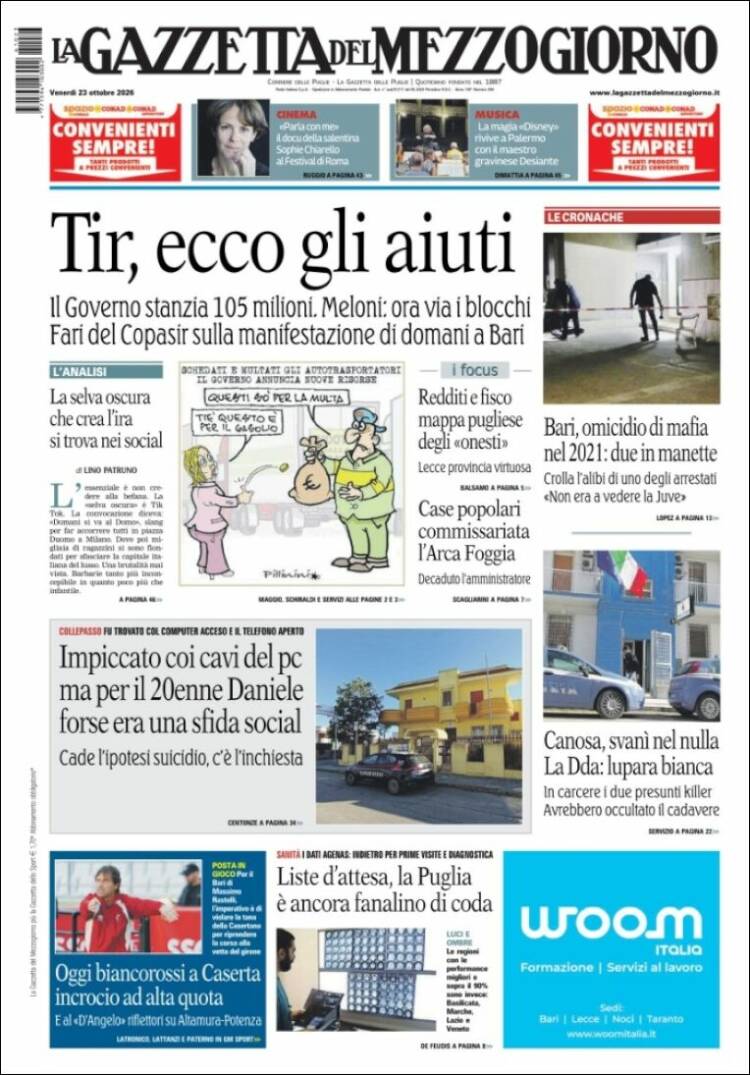 Portada de La Gazzetta del Mezzogiorno (Italia)
