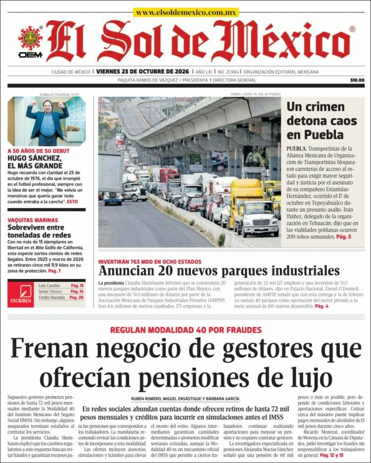 Portada de El Sol de México (M&eacute;xico)
