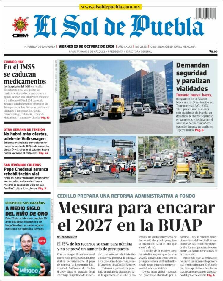 Portada de El Sol de Puebla (M&eacute;xico)