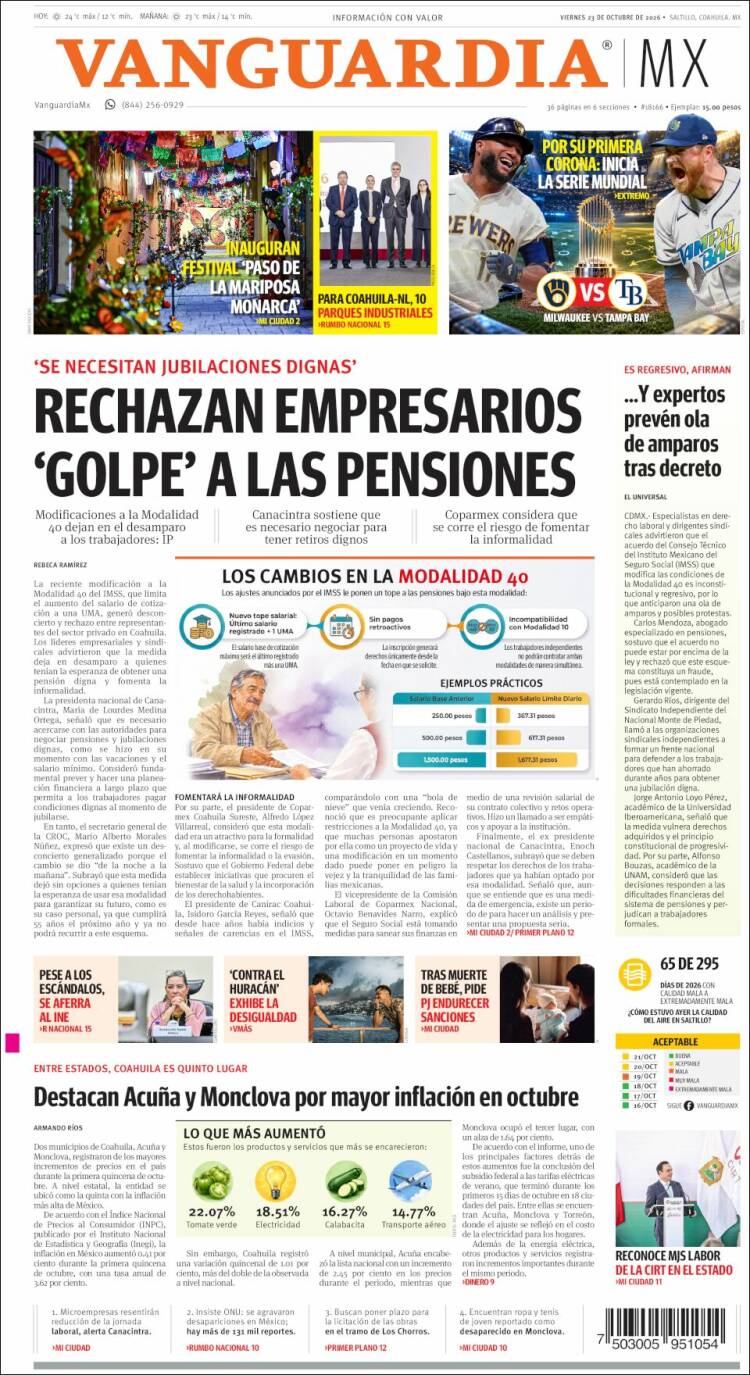 Portada de Vanguardia (M&eacute;xico)