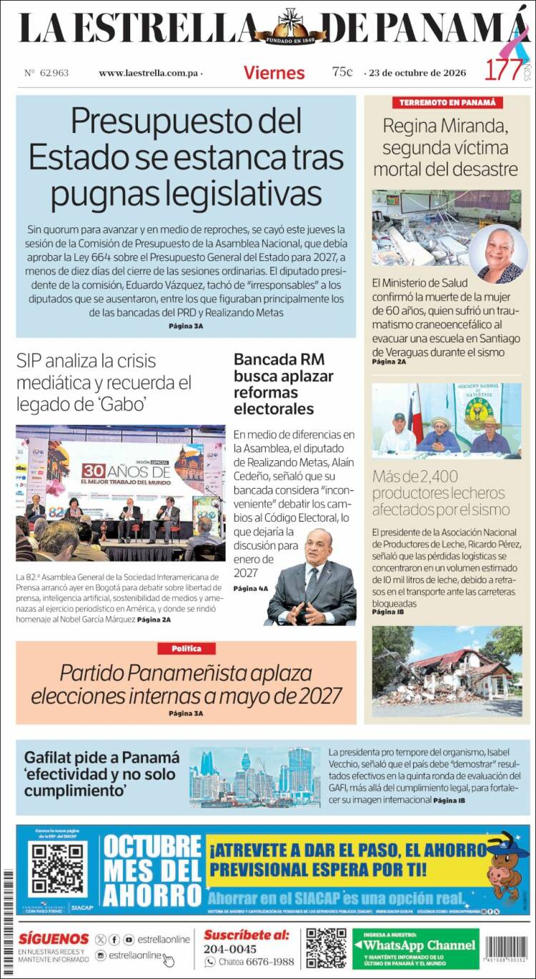 Portada de La Estrella de Panamá (Panam&aacute;)