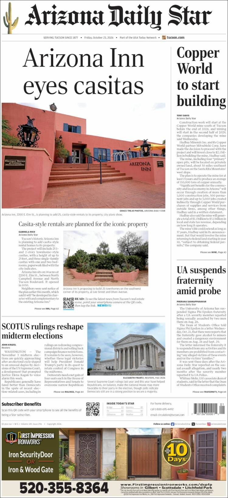Portada de Arizona Daily Star (USA)