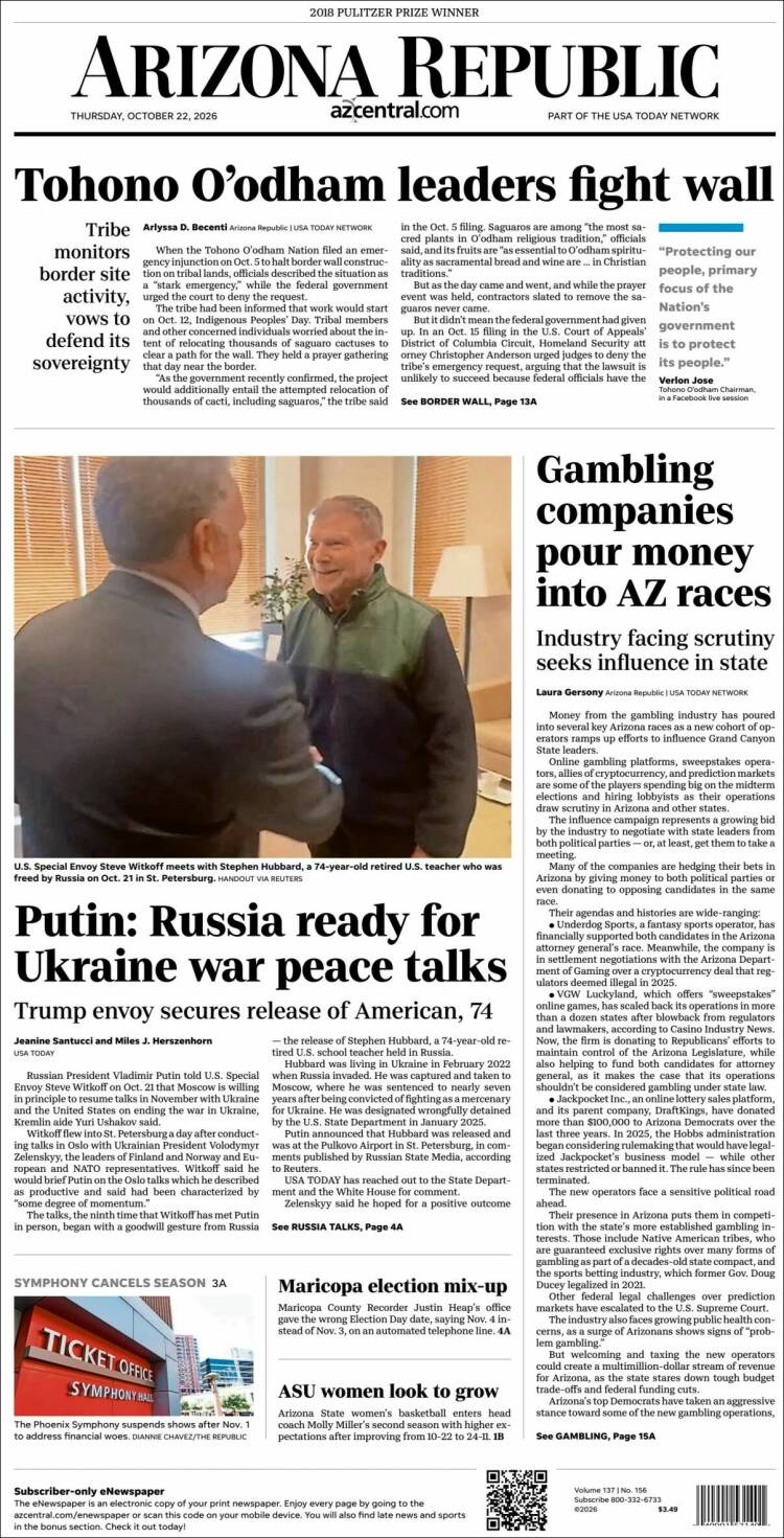 Portada de Arizona Republic News (USA)