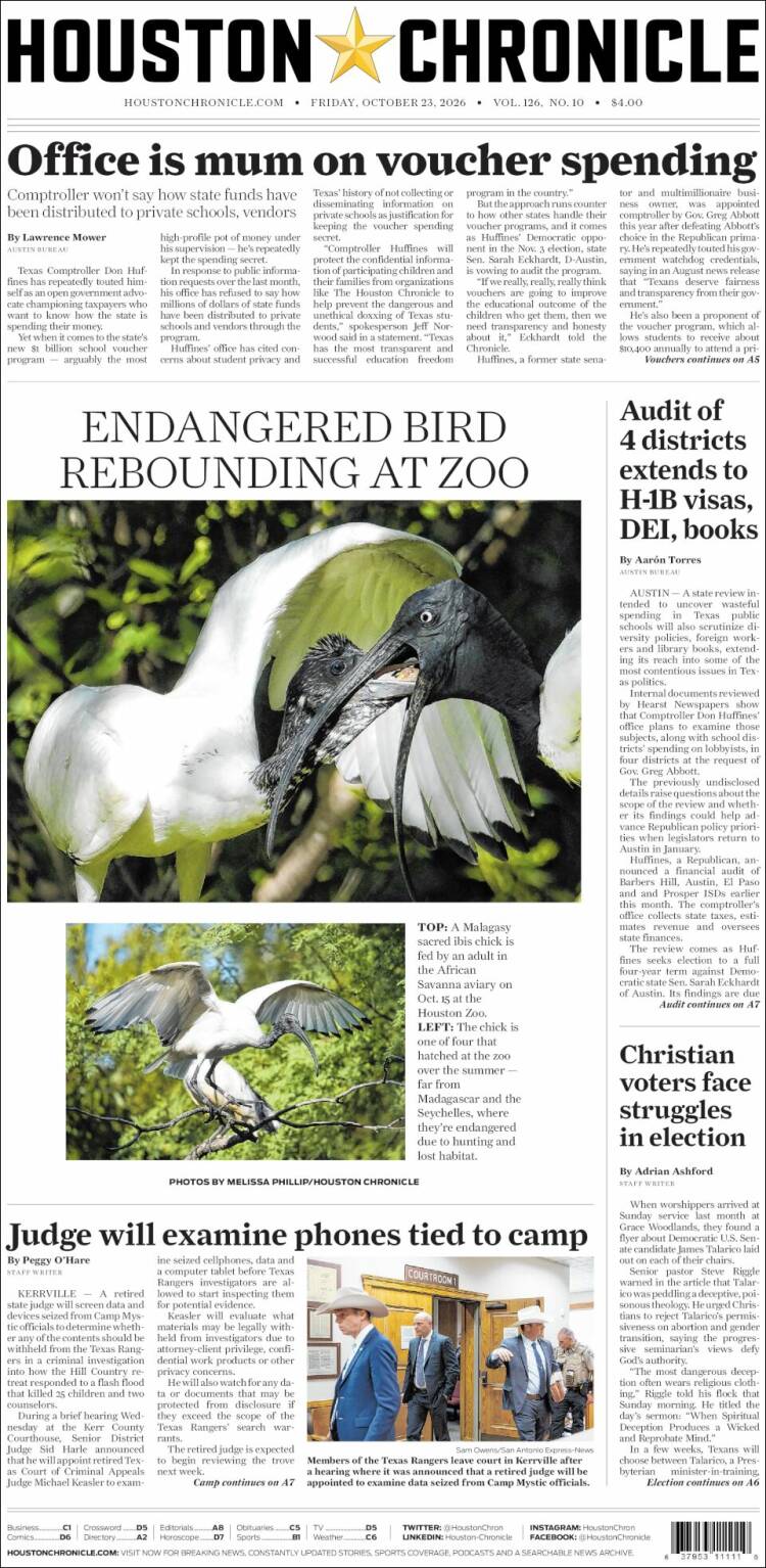 Portada de Houston Chronicle (USA)