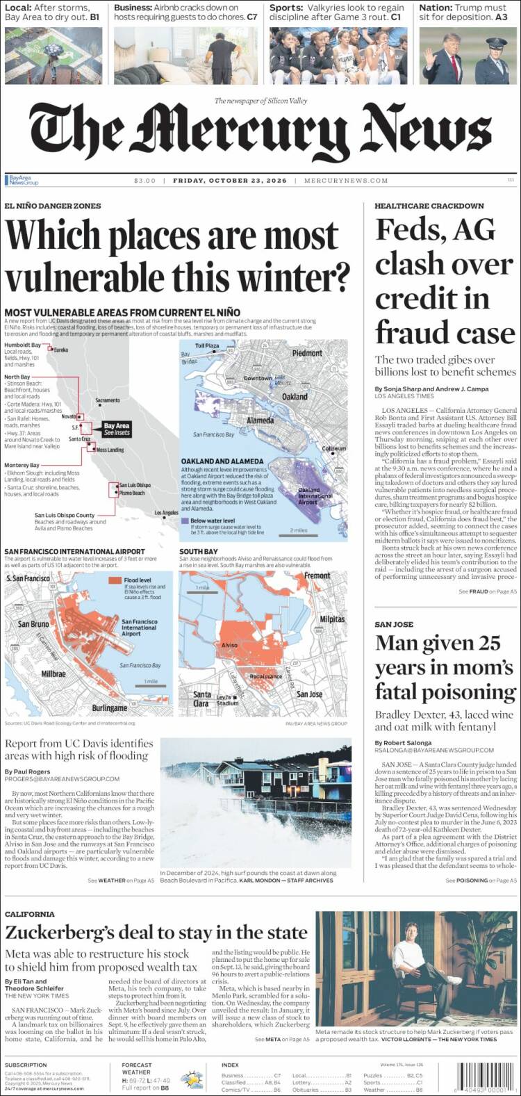 Portada de San Jose Mercury News (USA)