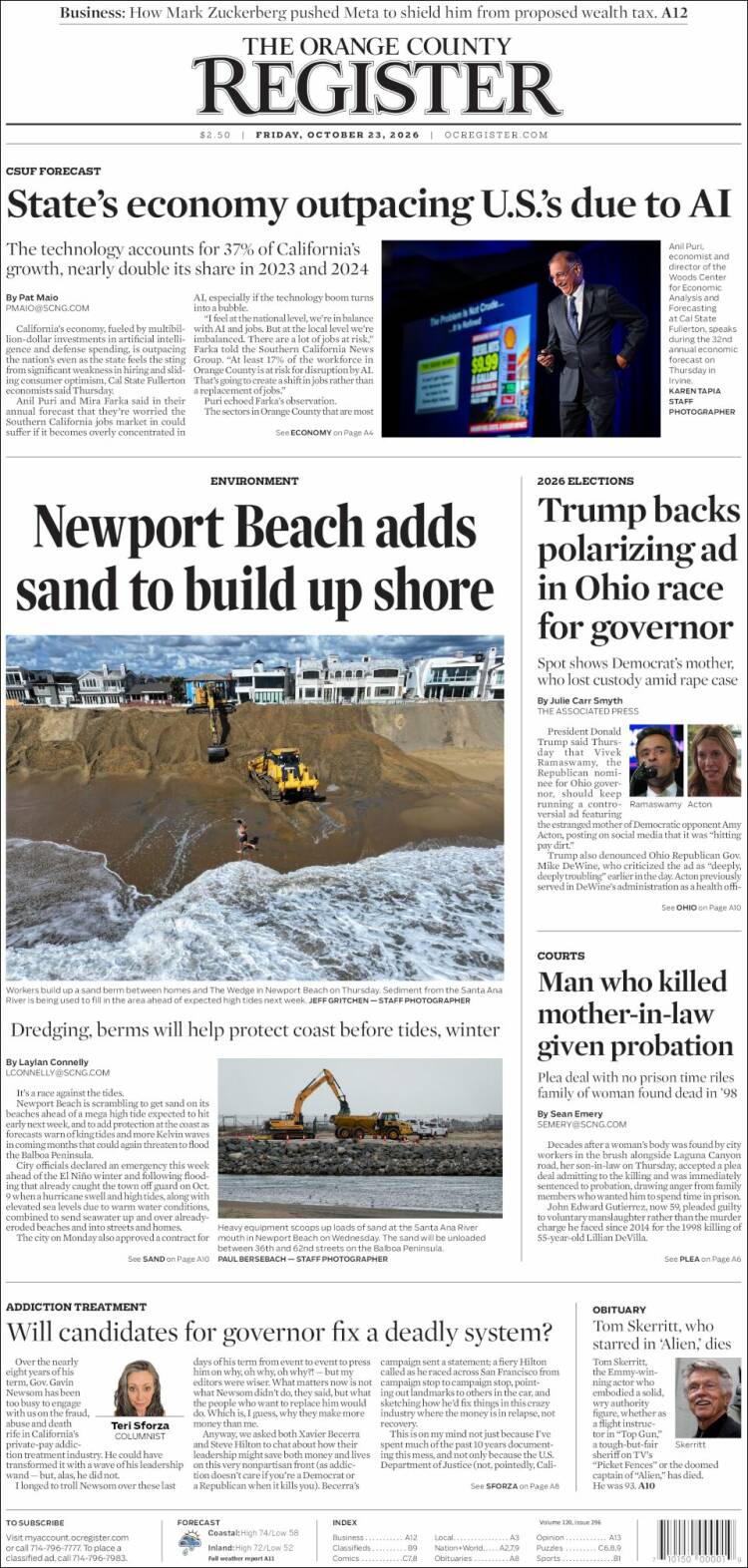 Portada de The Orange County Register (USA)
