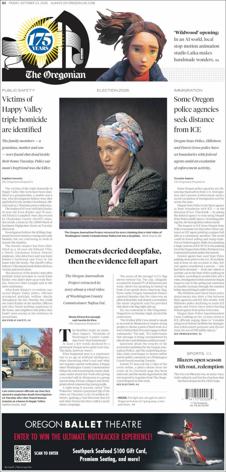 Portada de The Oregonian (USA)