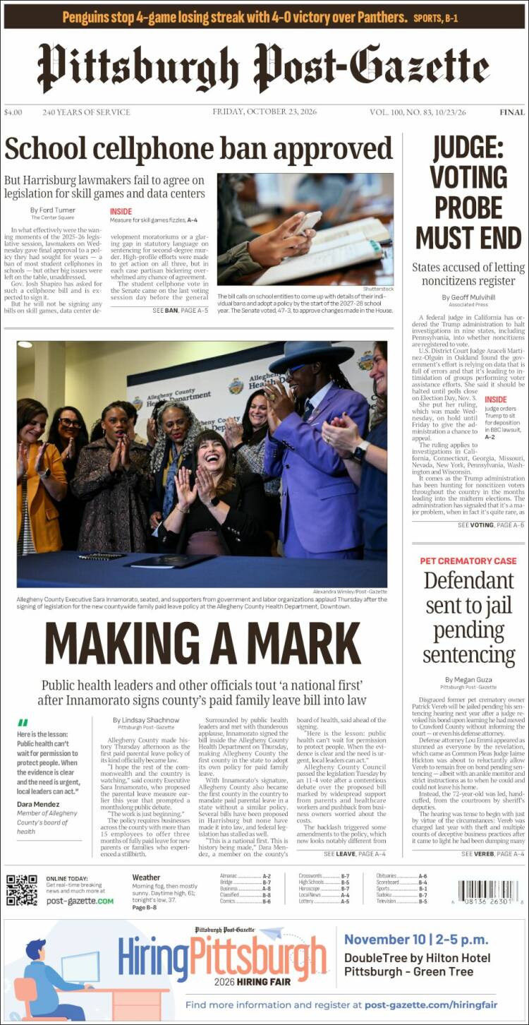 Portada de Pittsburgh Post-Gazette (USA)
