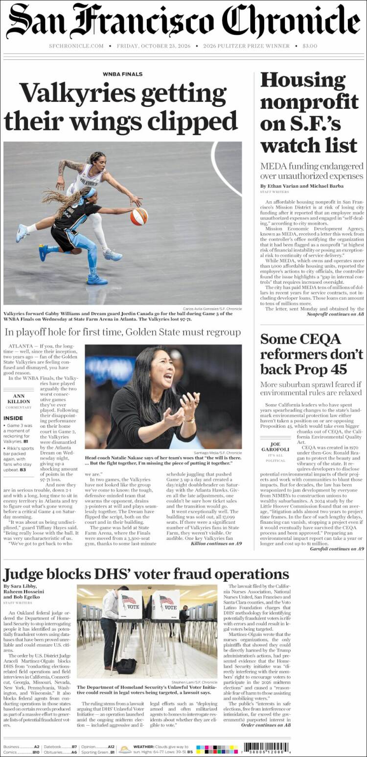 Portada de San Francisco Chronicle (USA)