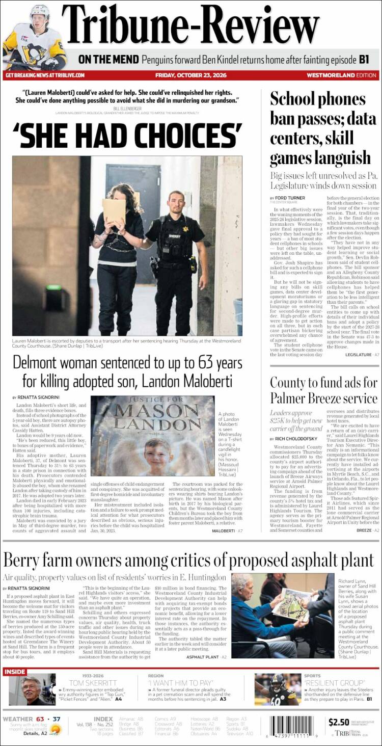 Portada de Tribune-Review (USA)
