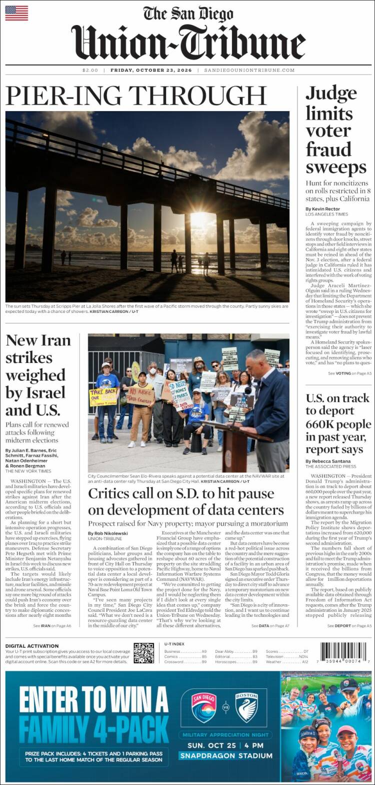 Portada de The San Diego Union-Tribune (USA)