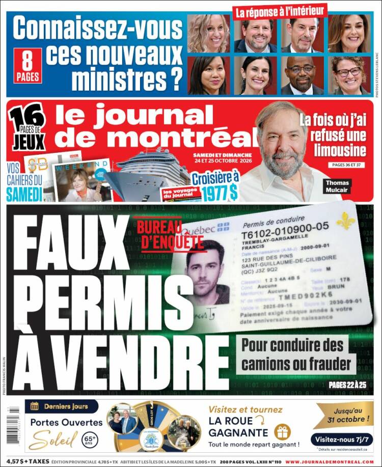 Portada de Le Journal de Montréal (Canada)