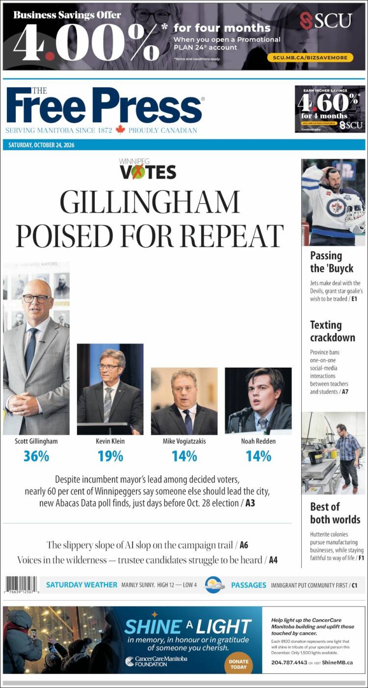 Portada de Winnipeg Free Press (Canada)