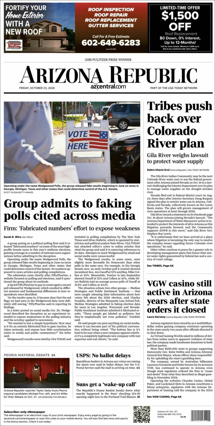 Portada de Arizona Republic News (USA)