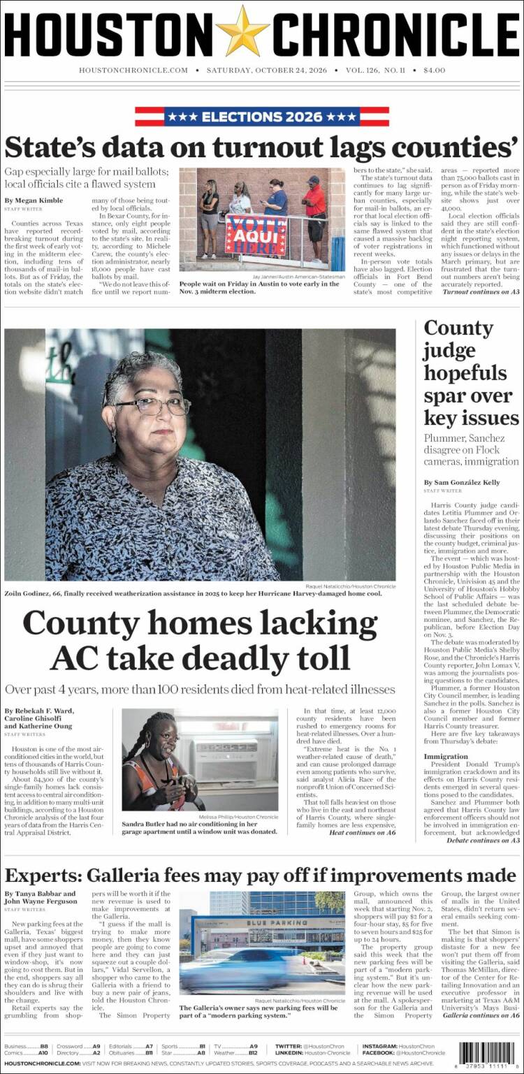 Portada de Houston Chronicle (USA)