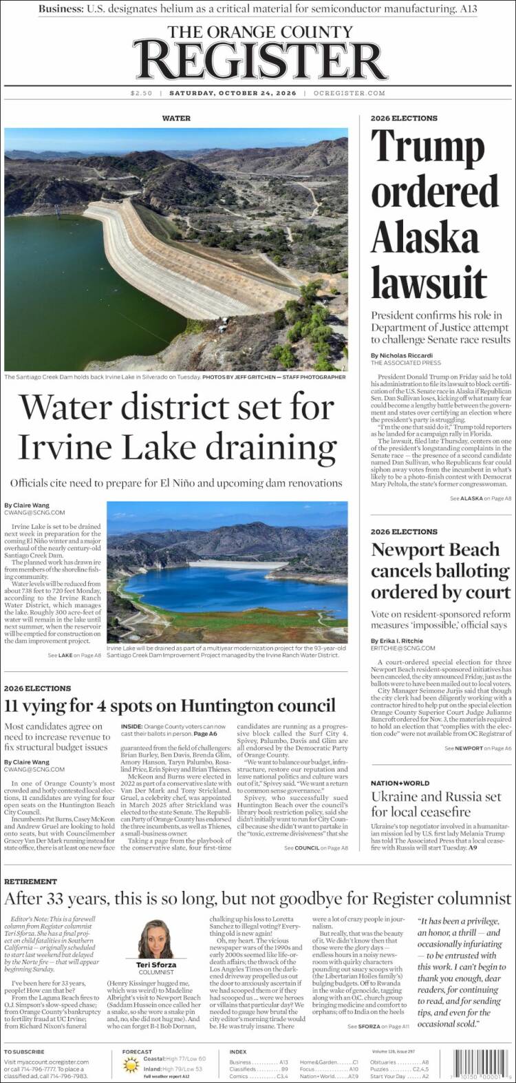 Portada de The Orange County Register (USA)