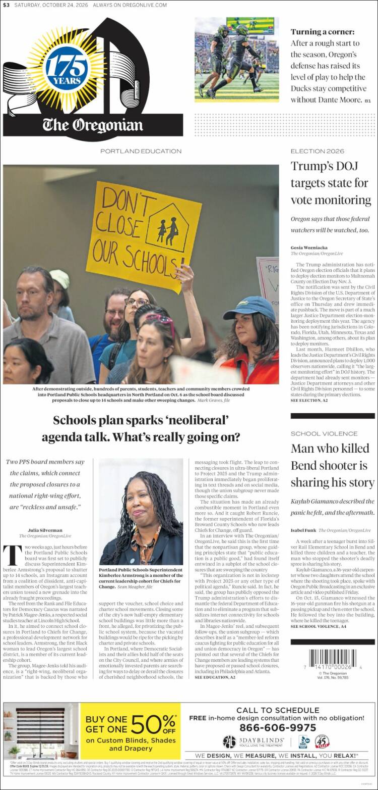 Portada de The Oregonian (USA)