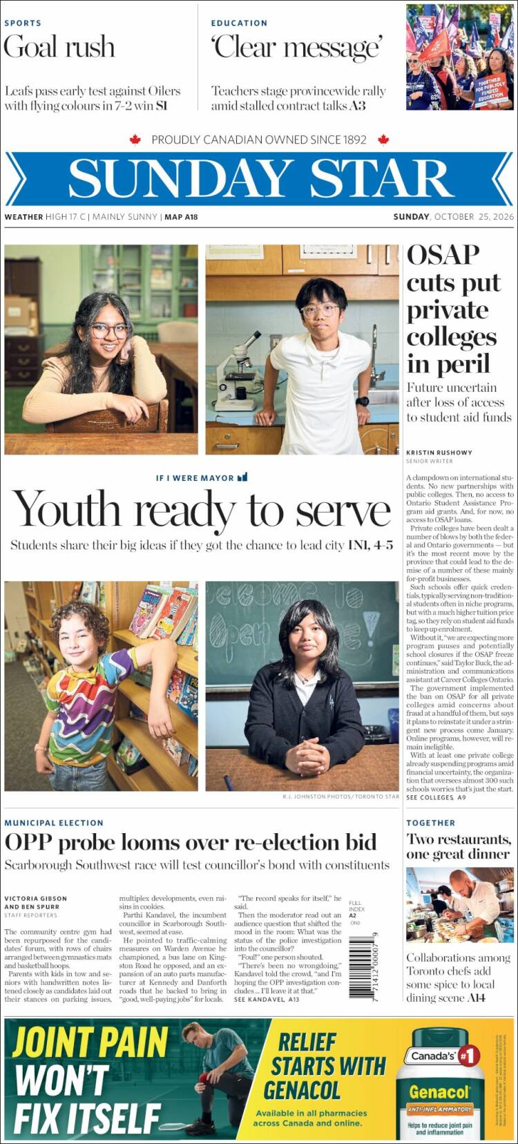 Portada de The Toronto Star (Canada)
