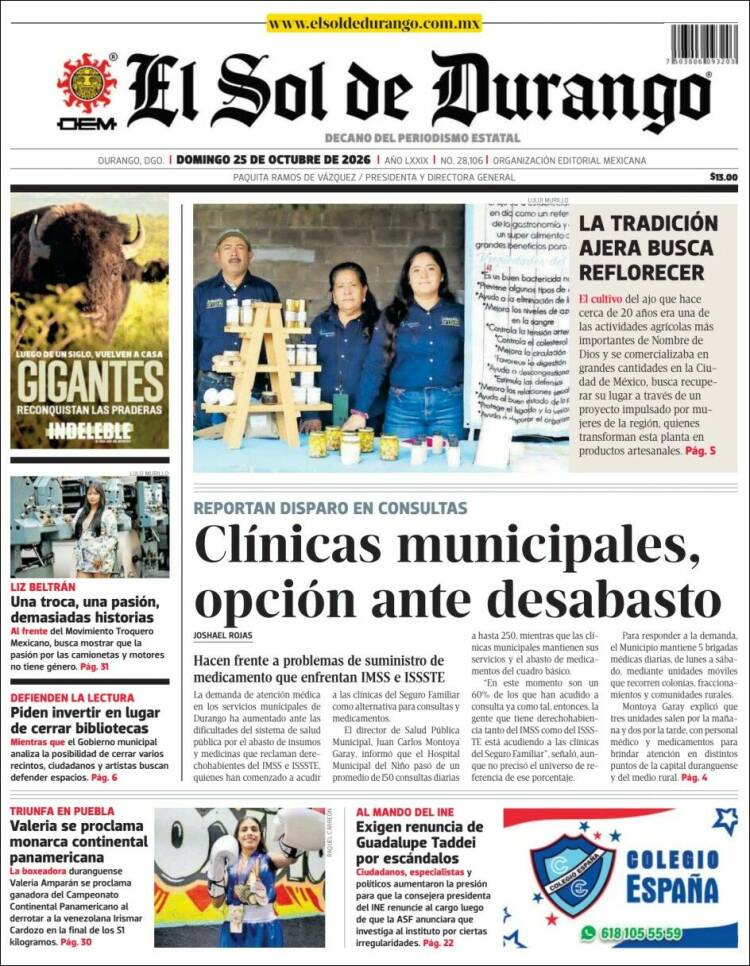 Portada de El Sol de Durango (M&eacute;xico)