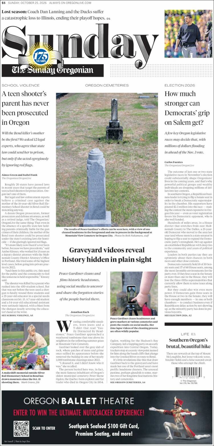 Portada de The Oregonian (USA)