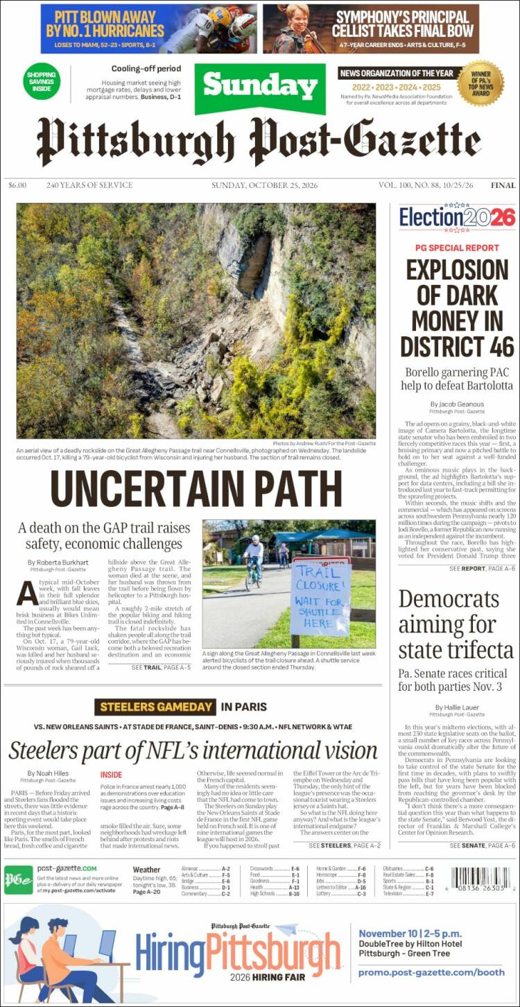 Portada de Pittsburgh Post-Gazette (USA)