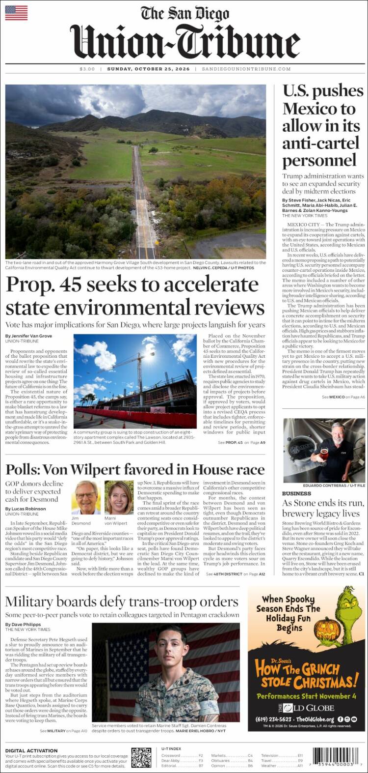 Portada de The San Diego Union-Tribune (USA)