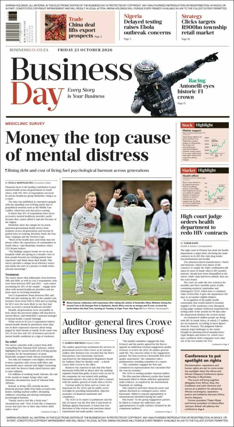 Portada de Business Day (Sud&aacute;frica)