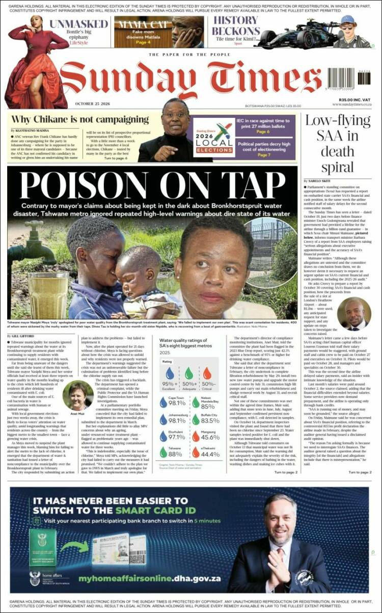 Portada de The Times (South Africa)