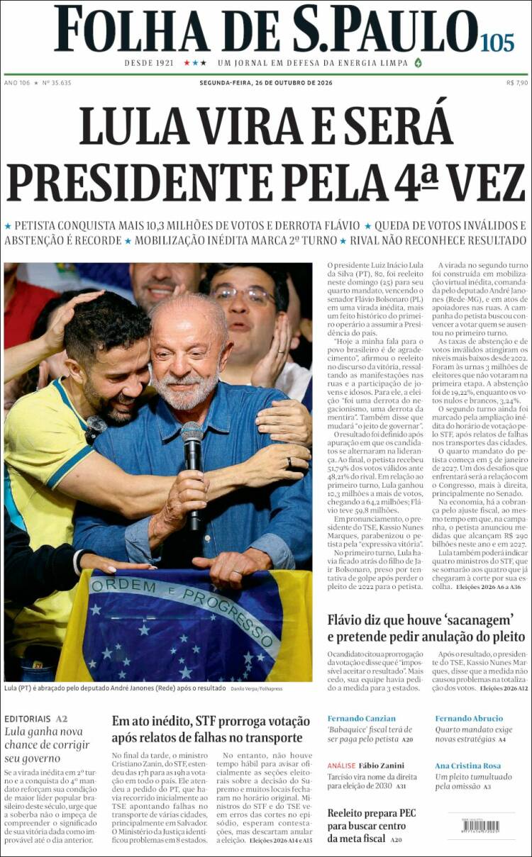 Portada de Folha de São Paulo (Brasil)