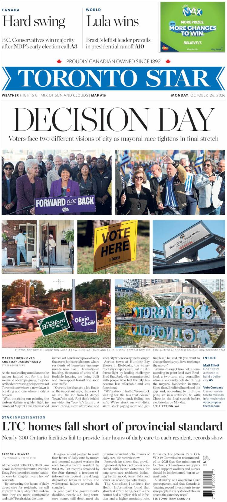 Portada de The Toronto Star (Canad&aacute;)