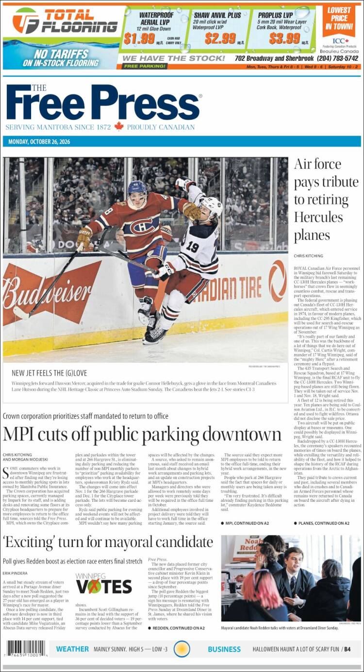 Portada de Winnipeg Free Press (Canad&aacute;)