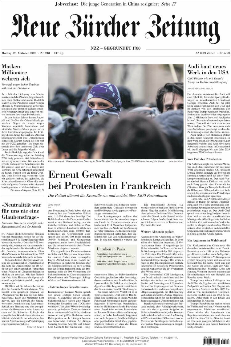 Portada de Neue Zürcher Zeitung (Suiza)