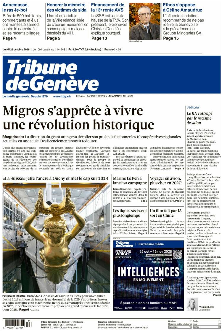 Portada de La Tribune de Genève (Suiza)
