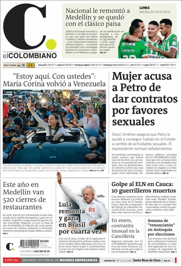 Portada de El Colombiano (Colombia)
