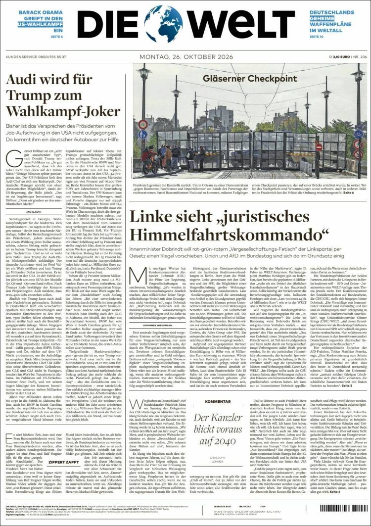 Portada de Die Welt (Alemania)