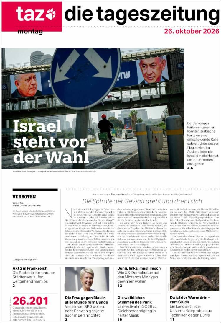 Portada de Die Tageszeitung (Alemania)