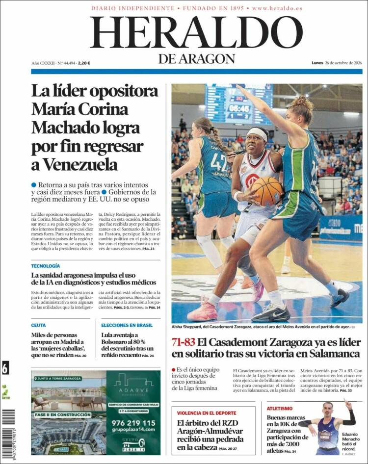 Portada de Heraldo de Aragón (Espa&ntilde;a)