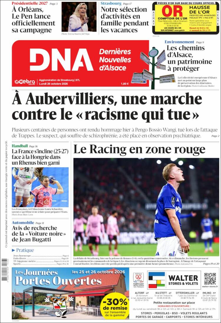 Portada de Les Dernières Nouvelles d'Alsace (Francia)
