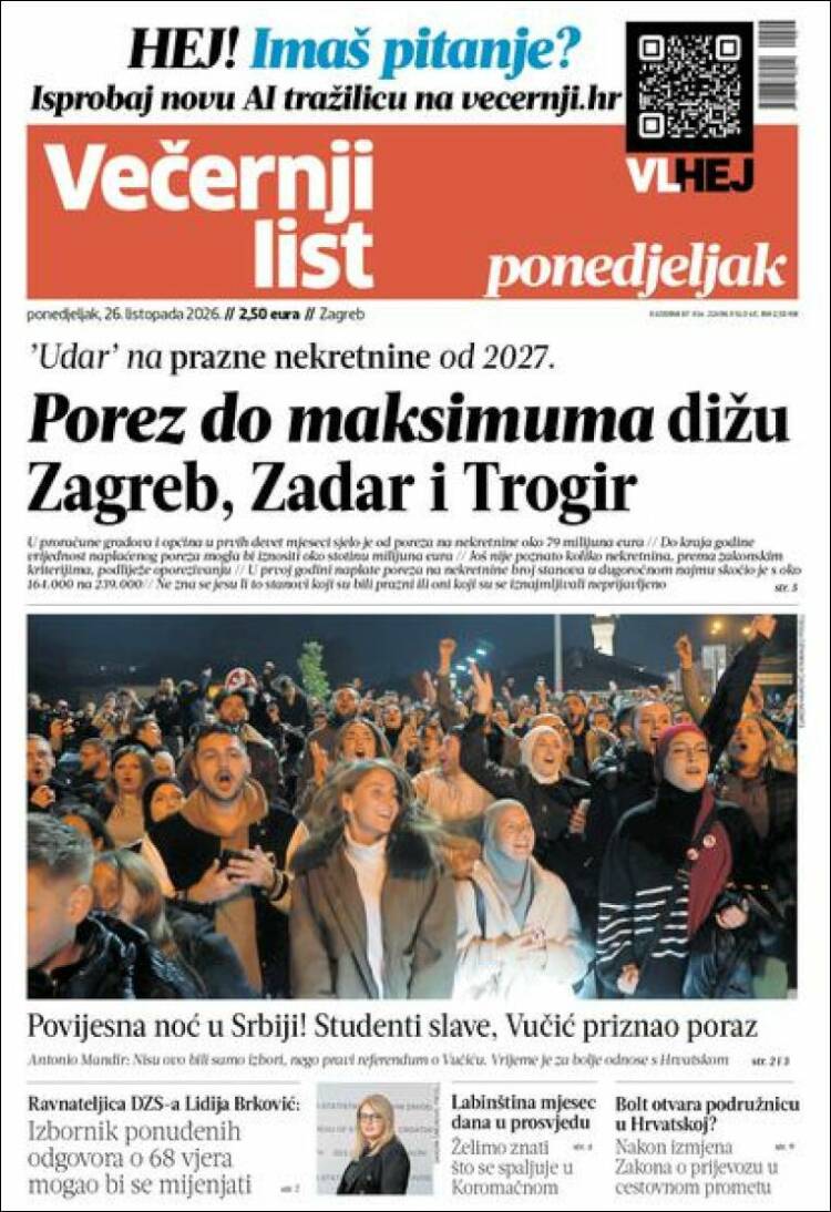 Portada de Večernji (Croacia)