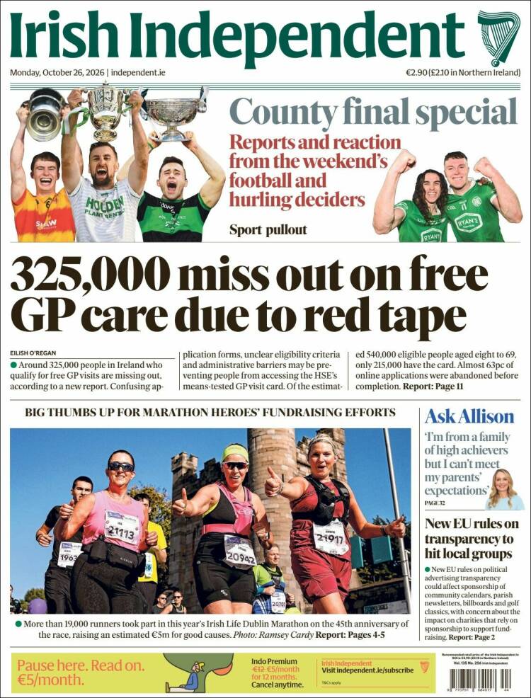 Portada de Irish Independent (Irlanda)