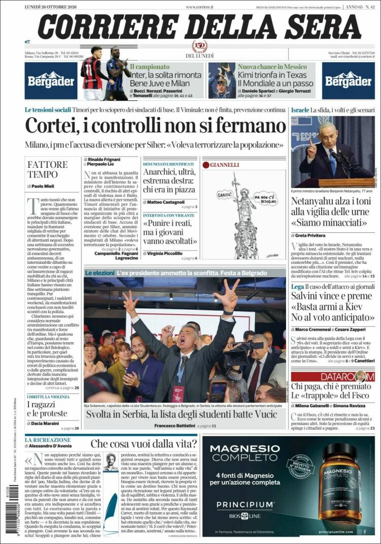 Portada de Corriere della Sera (Italia)