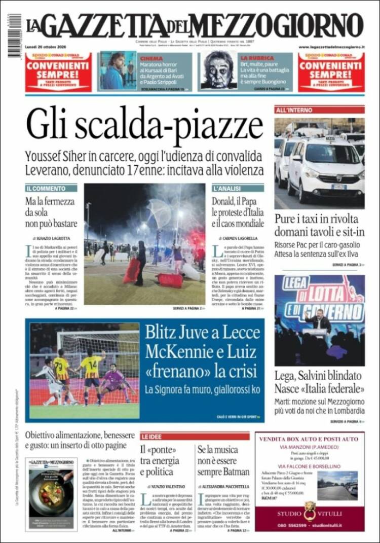 Portada de La Gazzetta del Mezzogiorno (Italia)