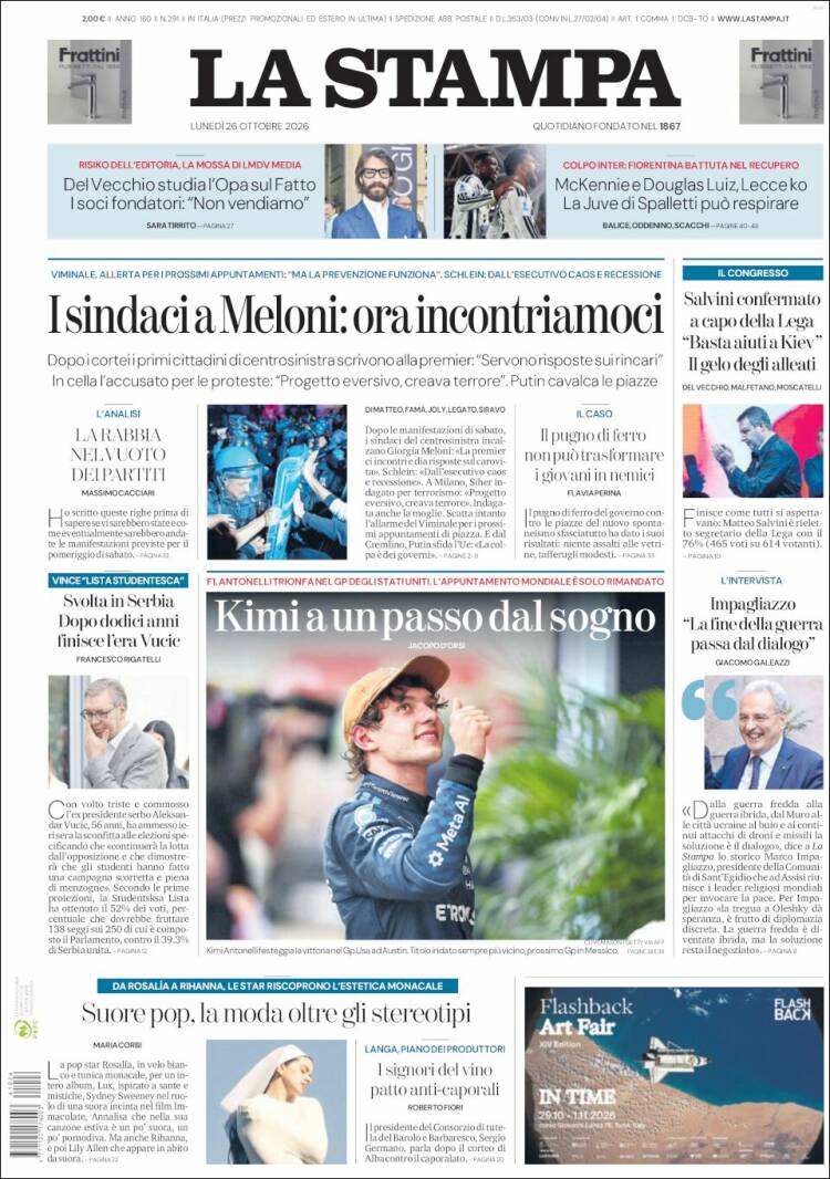 Portada de La Stampa (Italia)