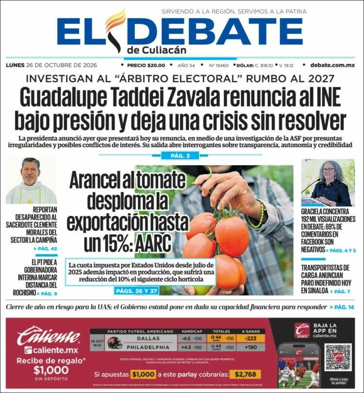 Portada de El Debate de Culiacán (M&eacute;xico)