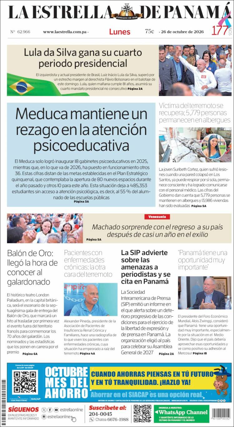 Portada de La Estrella de Panamá (Panam&aacute;)